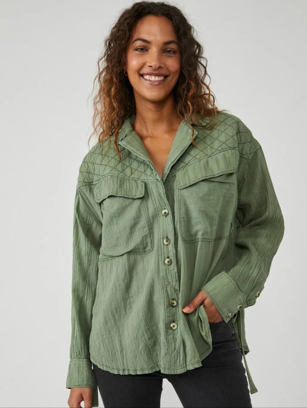 We The Free Quilted-Yoke Button-Down Shirt - Sage Green - Picture 2 of 9